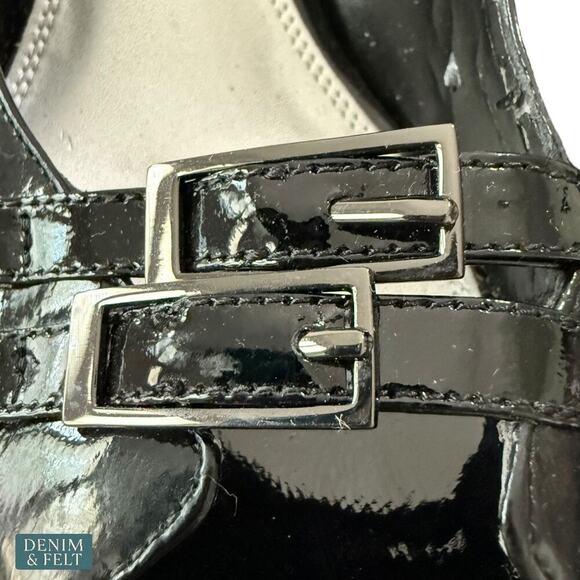 White House Black Market 8M Black Patent Leather Peep Toe Heels with Buckles